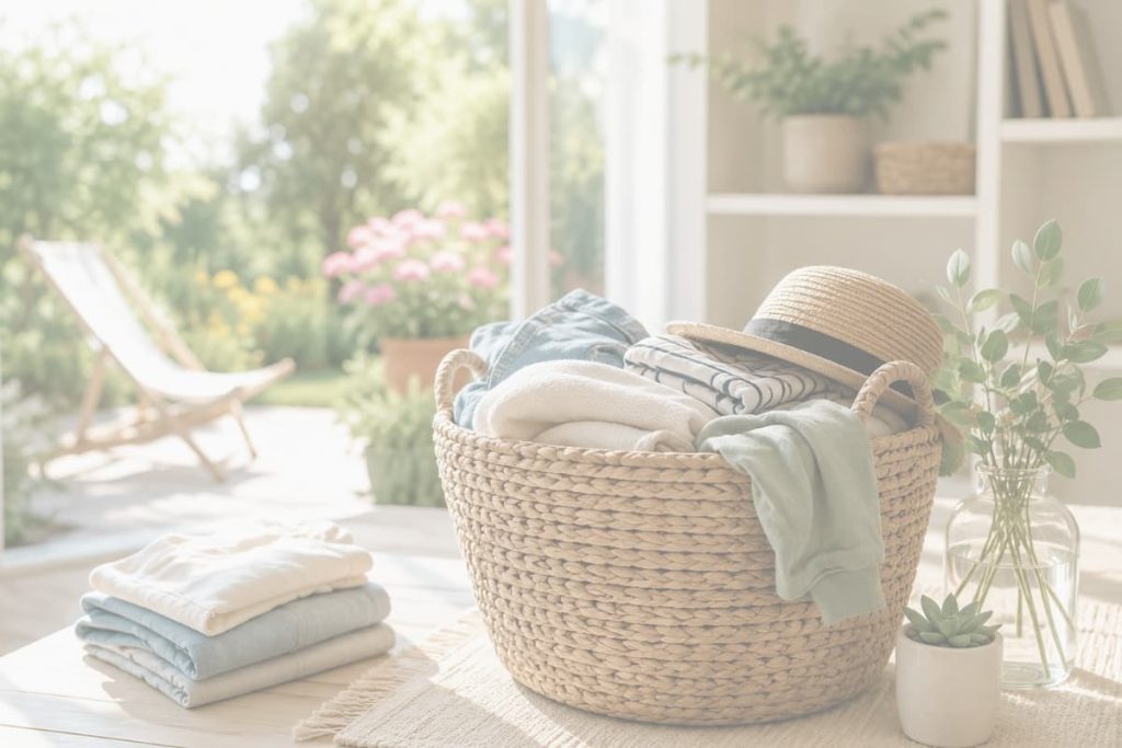 Bright summer-inspired organized home with woven basket, folded clothes, plants, and natural sunlight creating a calm and clutter-free living space.