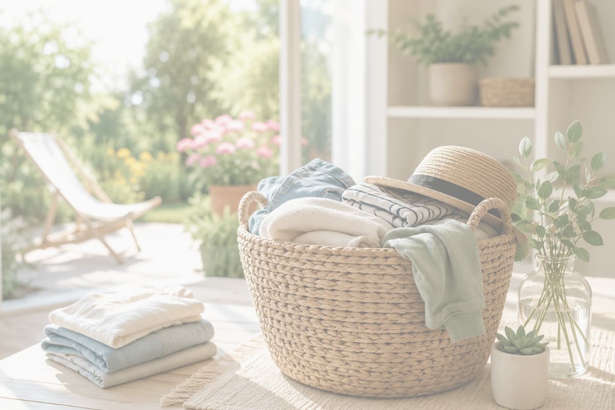 Bright summer-inspired organized home with woven basket, folded clothes, plants, and natural sunlight creating a calm and clutter-free living space.